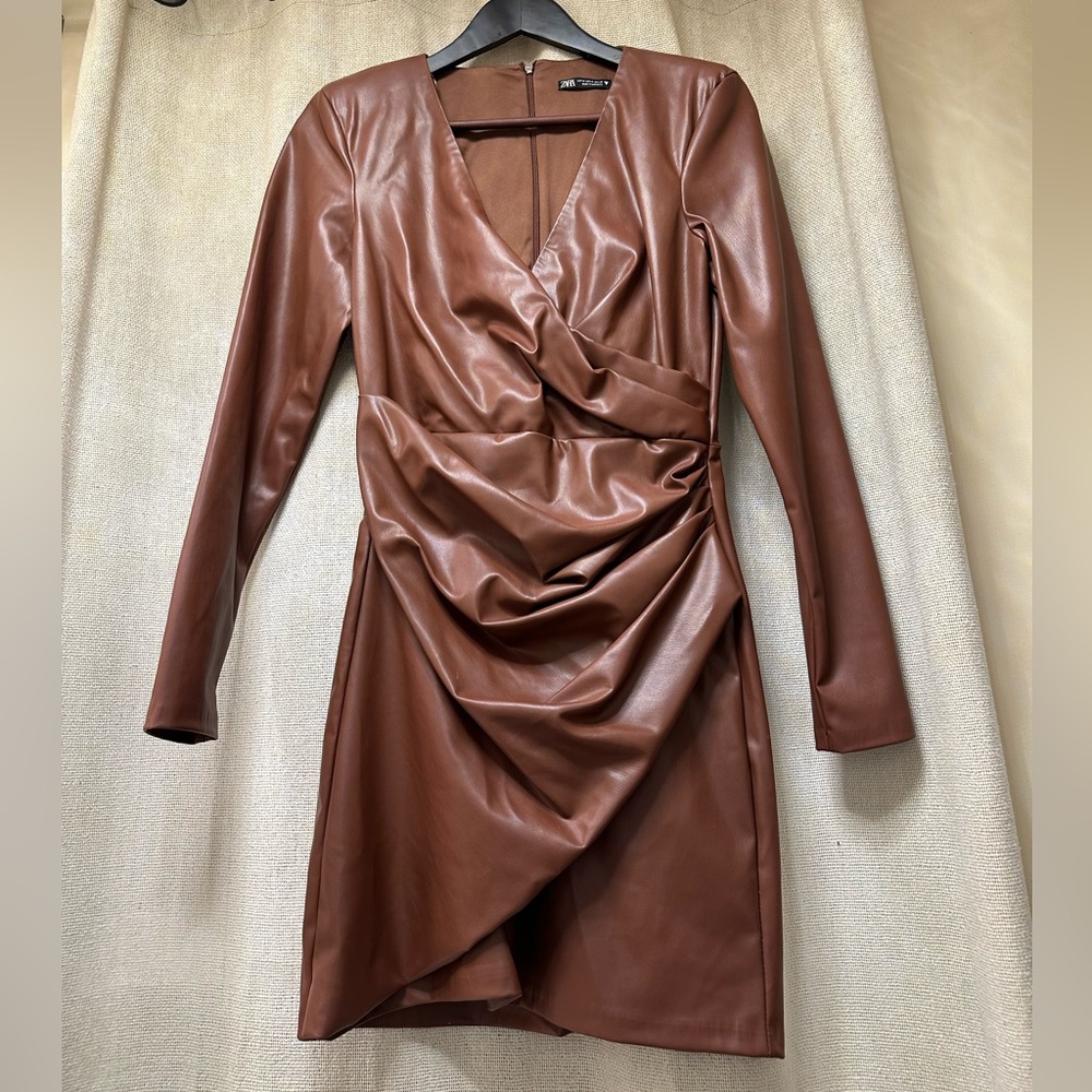 Zara Brown Faux Leather Wrap Dress Size M